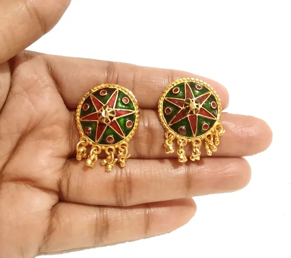 Assamese_Traditional_Copper_Gold_Plated_Red_Green_Colour_Japi_Earring_Stud_For_Girls_&_Women